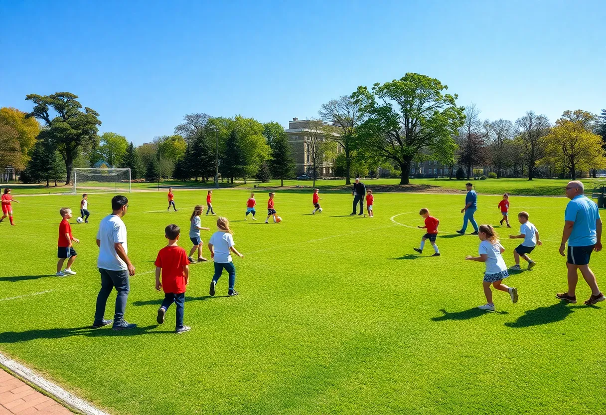 Children practicing soccer at Memorial Park in Houston