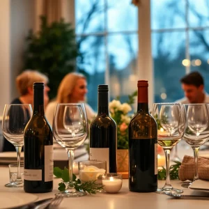 An elegant table set for a wine charity event in Houston showcasing various wine bottles.
