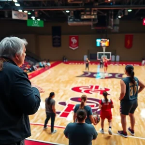 A basketball court representing Houston women's basketball team with motivational coaching elements.