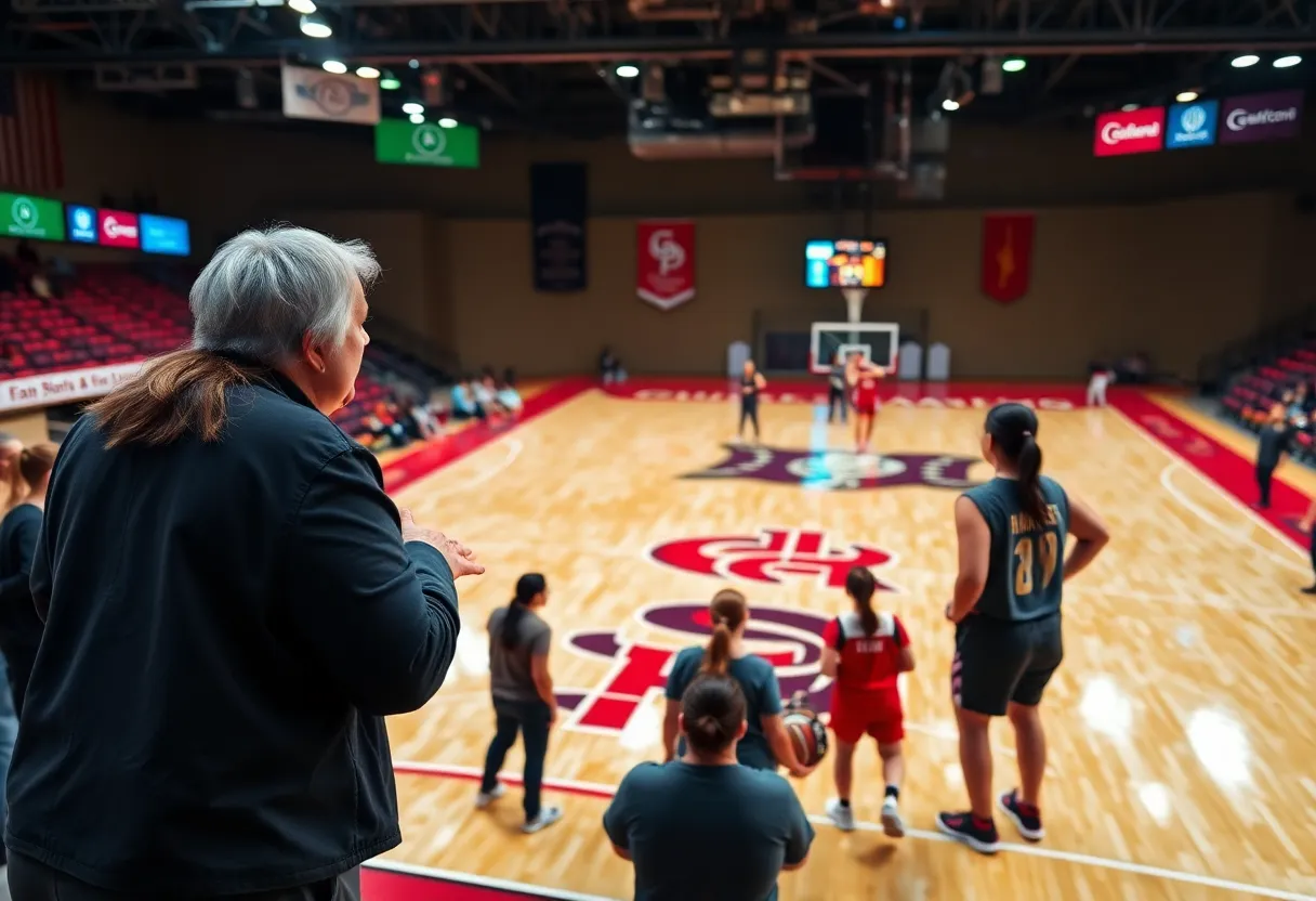A basketball court representing Houston women's basketball team with motivational coaching elements.