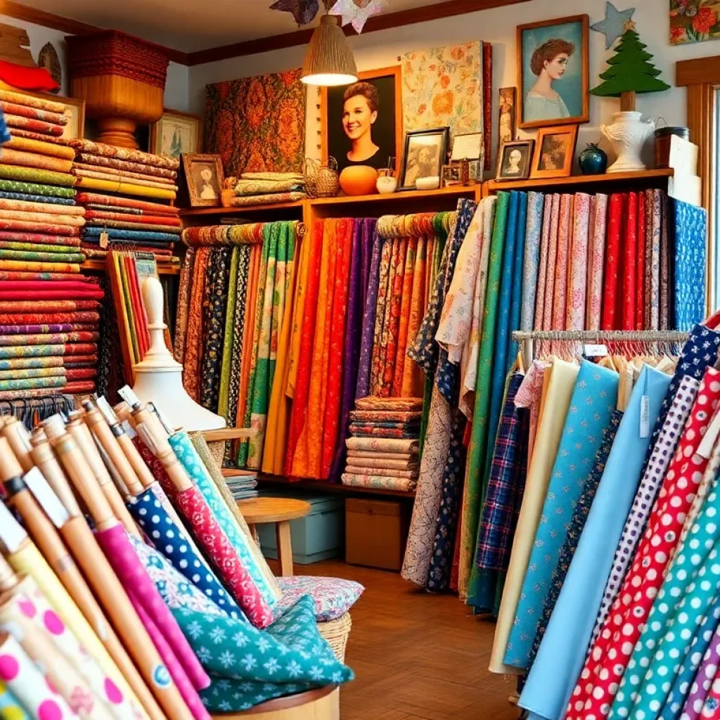 Display of colorful fabrics in a local fabric shop in Houston