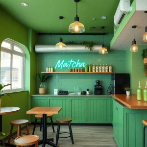 Chic matcha cafe with vibrant drinks and decor