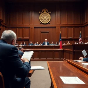 A courtroom with legal proceedings related to the Meta antitrust trial