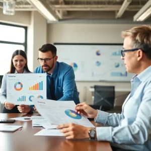 Employees in an office discussing performance management