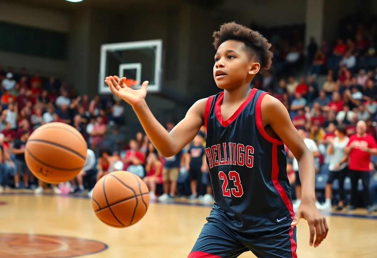 Young athlete practicing basketball on the court with a crowd in the background
