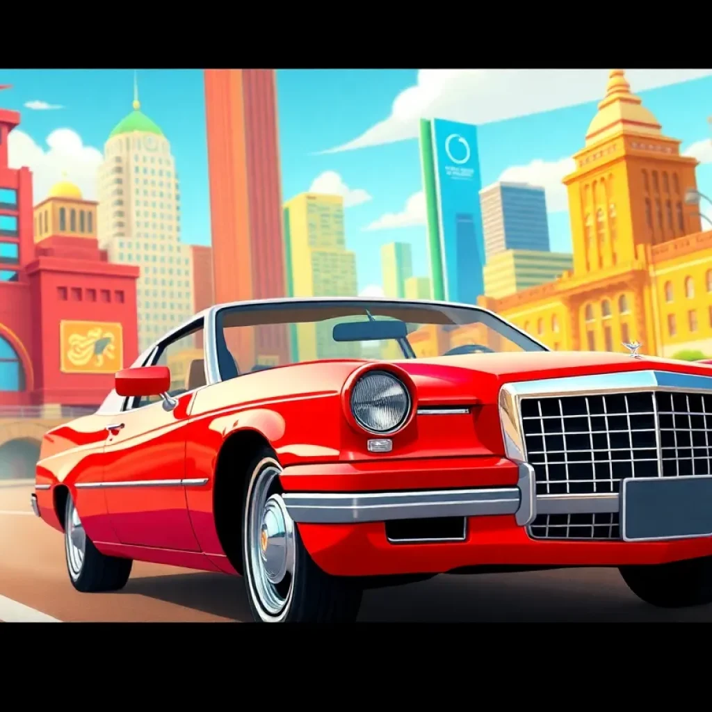Animated scene of Paul Wall in a candy red Cadillac in Houston