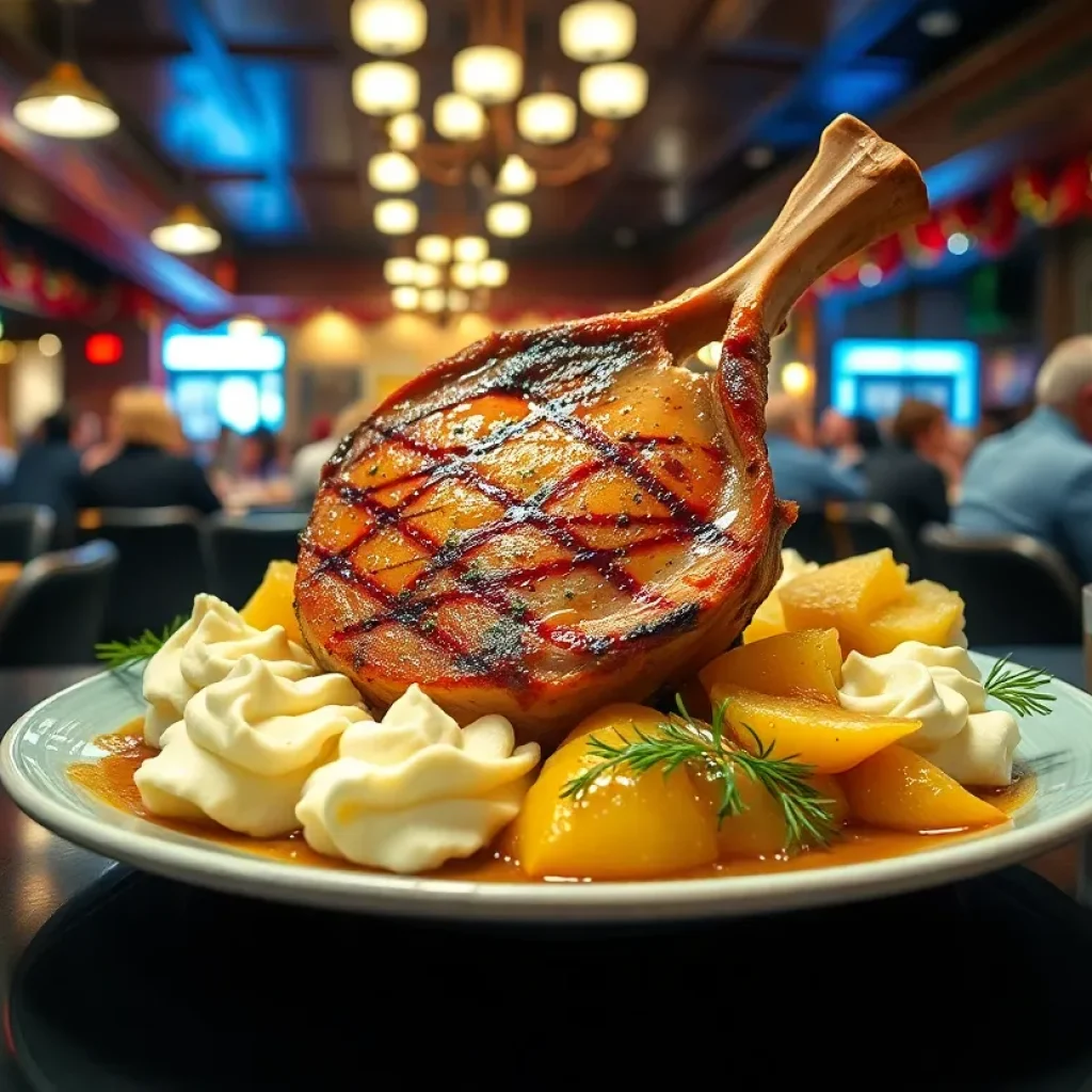 Perry's Steakhouse pork chop meal on a table