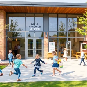 Exterior view of Primrose School in Houston with children playing