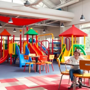 Children playing in a lively playspace with a bistro setting in the background.