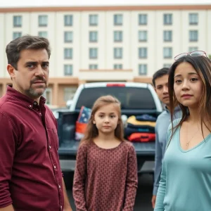 Roberts family in front of hotel parking lot looking concerned about their stolen truck.