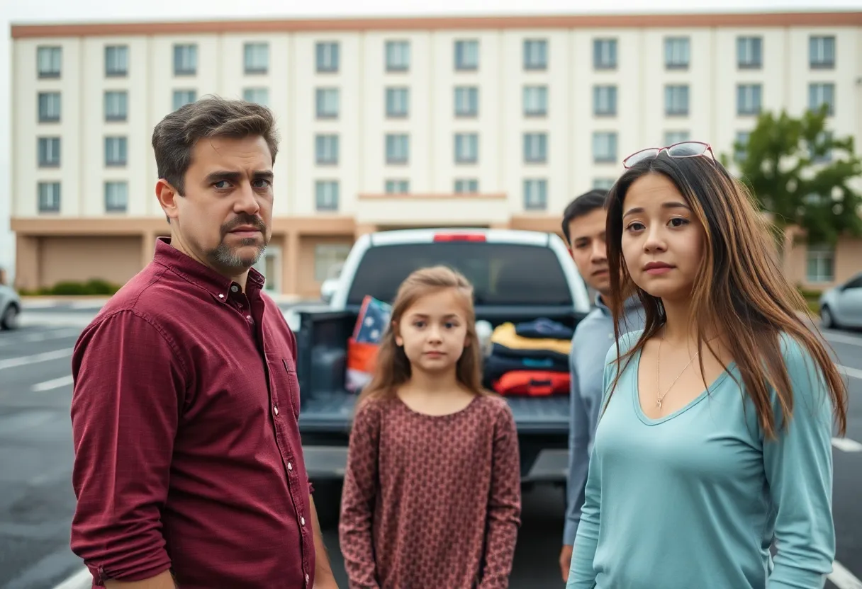 Roberts family in front of hotel parking lot looking concerned about their stolen truck.