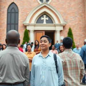 Exterior view of Second Baptist Church with congregation members discussing issues