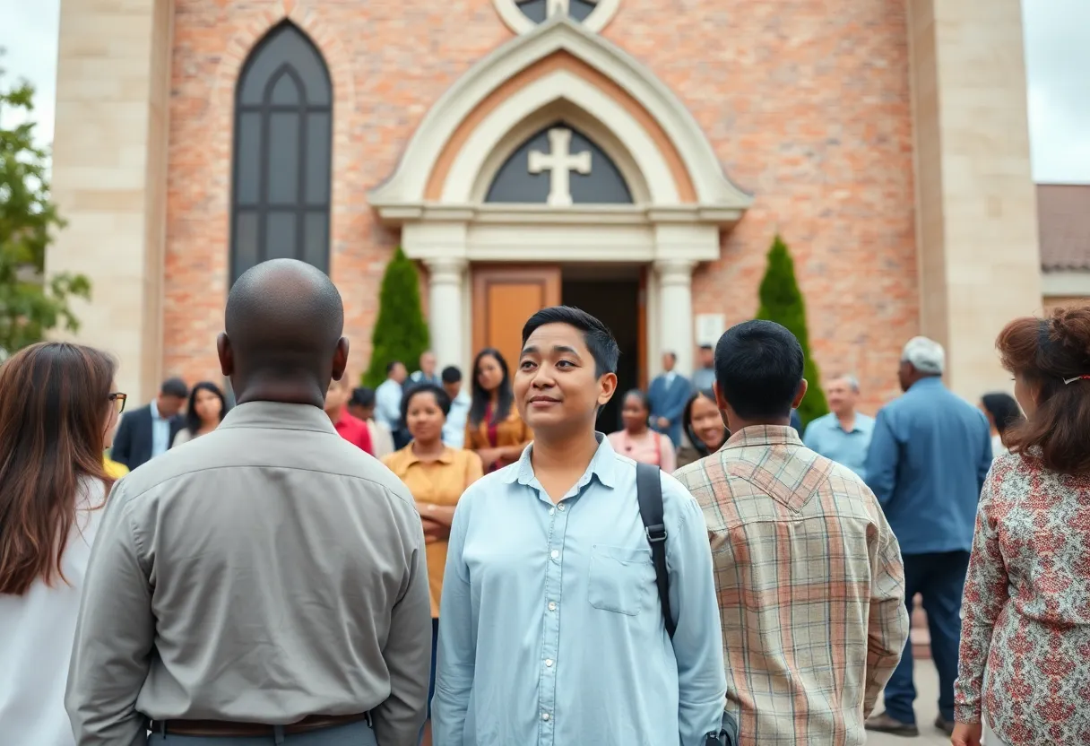 Exterior view of Second Baptist Church with congregation members discussing issues
