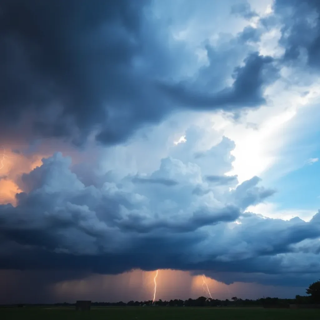 Dark storm clouds above a Texas landscape during a severe thunderstorm
