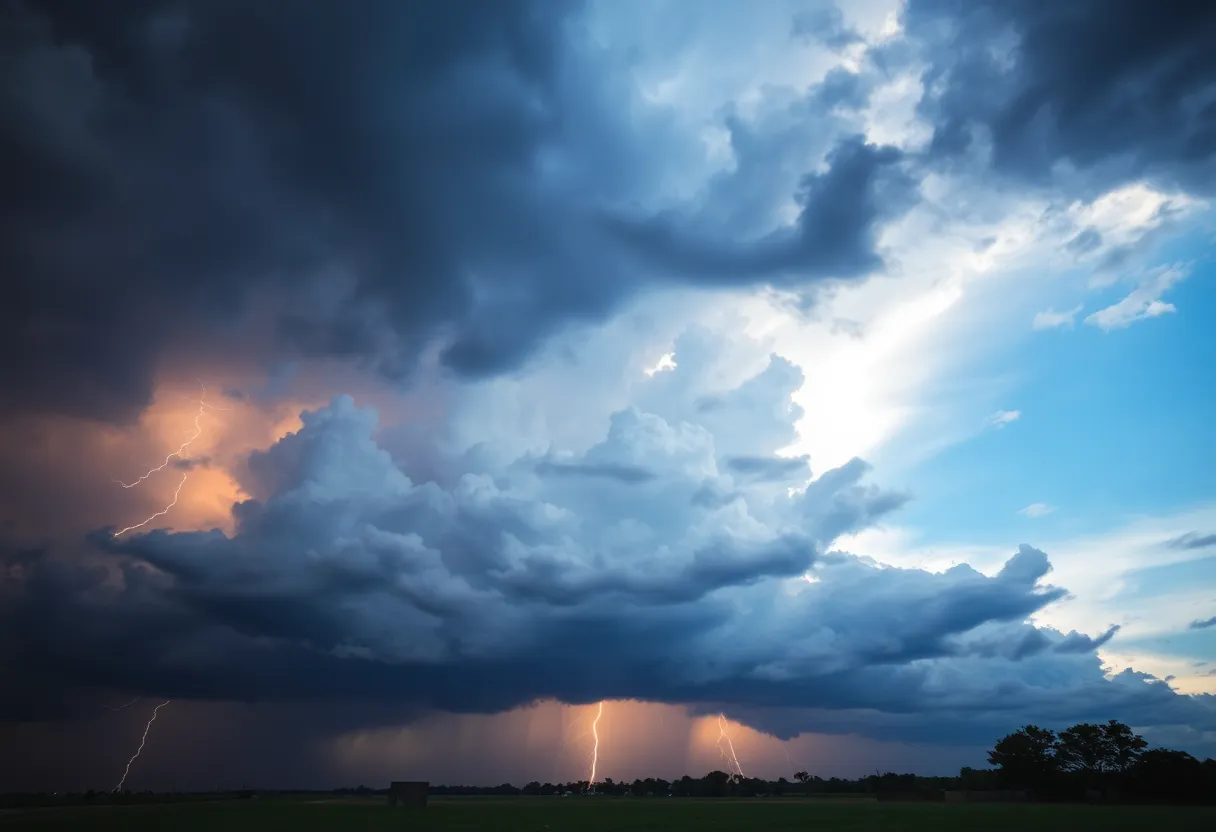 Dark storm clouds above a Texas landscape during a severe thunderstorm