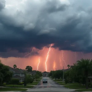 Dark clouds and lightning during thunderstorms in Houston
