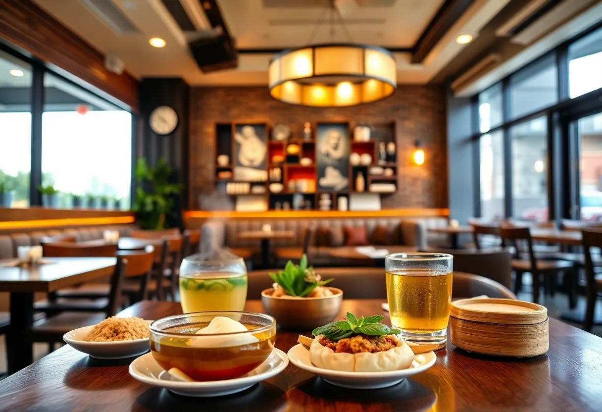 An inviting dining area at Silk Road Restaurant with dim sum dishes.
