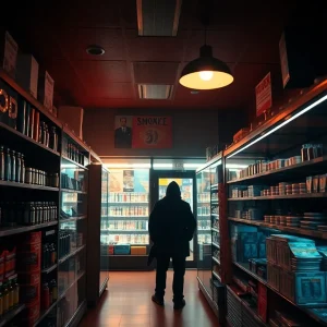 Interior of a smoke shop showing products and a tense environment