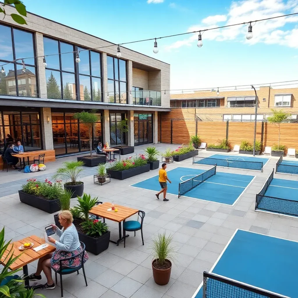 A vibrant lounge featuring pickleball courts and outdoor seating in Houston.