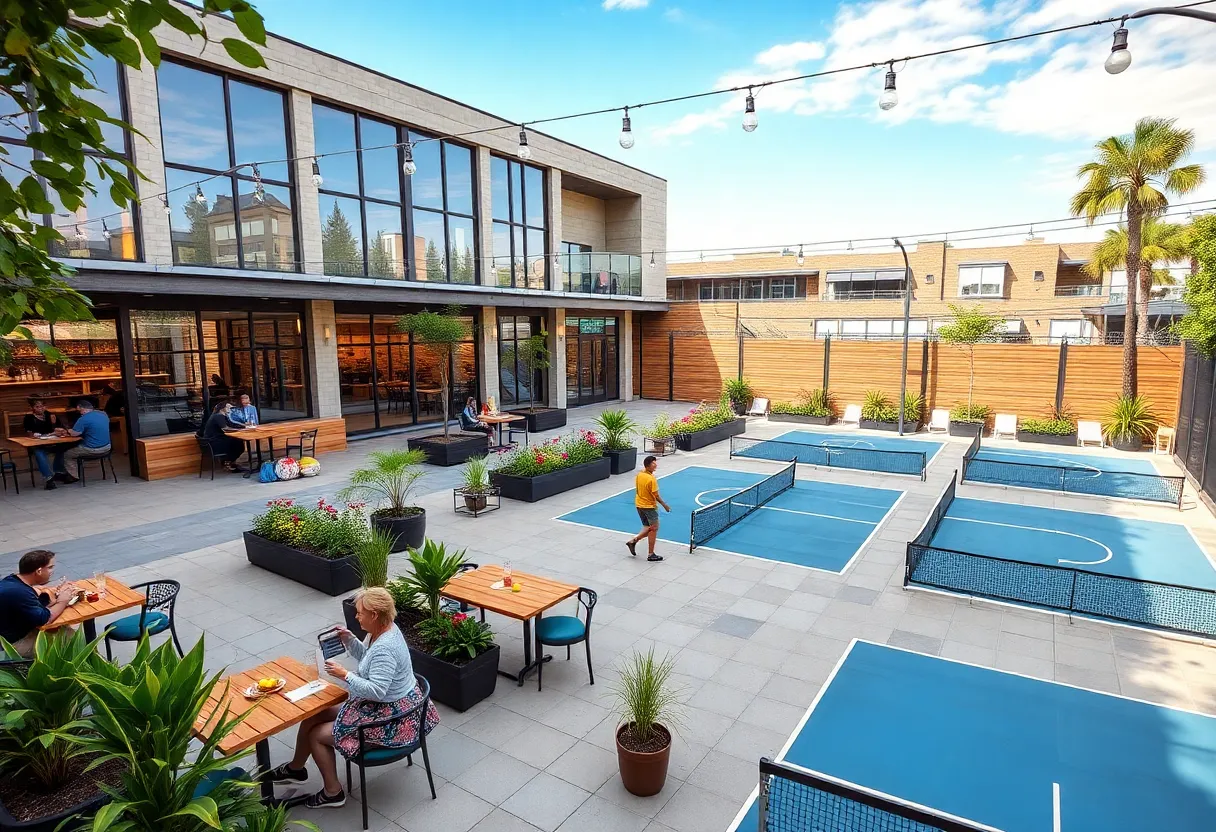 A vibrant lounge featuring pickleball courts and outdoor seating in Houston.