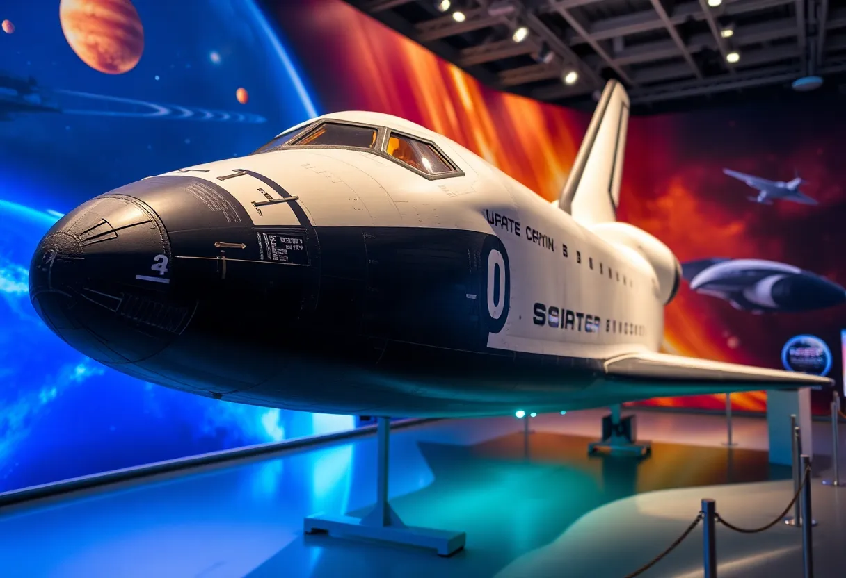 Space Shuttle Discovery displayed in an exhibition setting