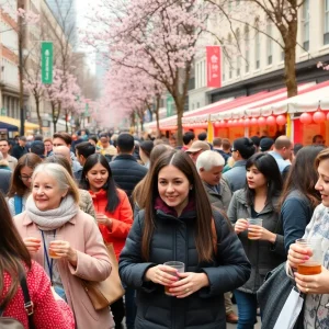 People enjoying food and drinks at a spring festival charity event in Houston.