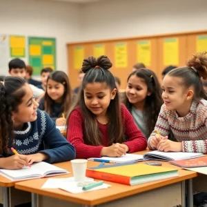Diverse group of students participating in a collaborative classroom activity.