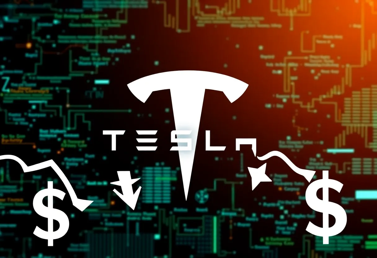 Dramatic representation of Tesla logo with financial decline symbols.