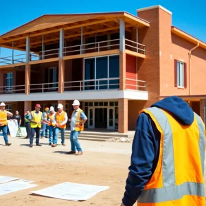 Workers and volunteers at the construction site of a Texas Catholic school.