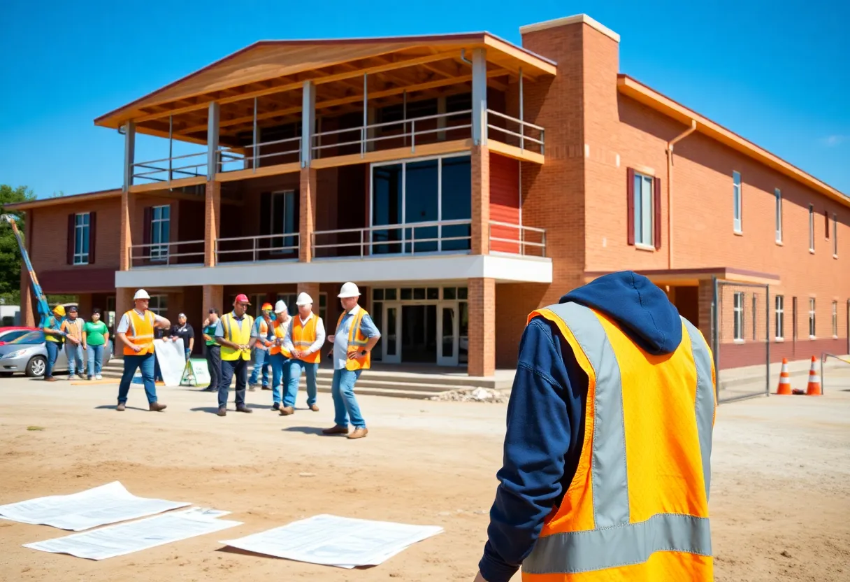 Workers and volunteers at the construction site of a Texas Catholic school.