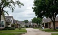 Illustration of Texas homes against a backdrop of severe weather elements