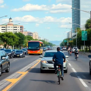 Urban road in Texas with vehicles, bicycles, and pedestrians