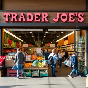 Entrance of a Trader Joe's grocery store with shoppers and colorful products.