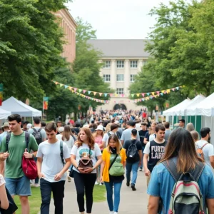 Students celebrating at a university festival with food tents and carnival games