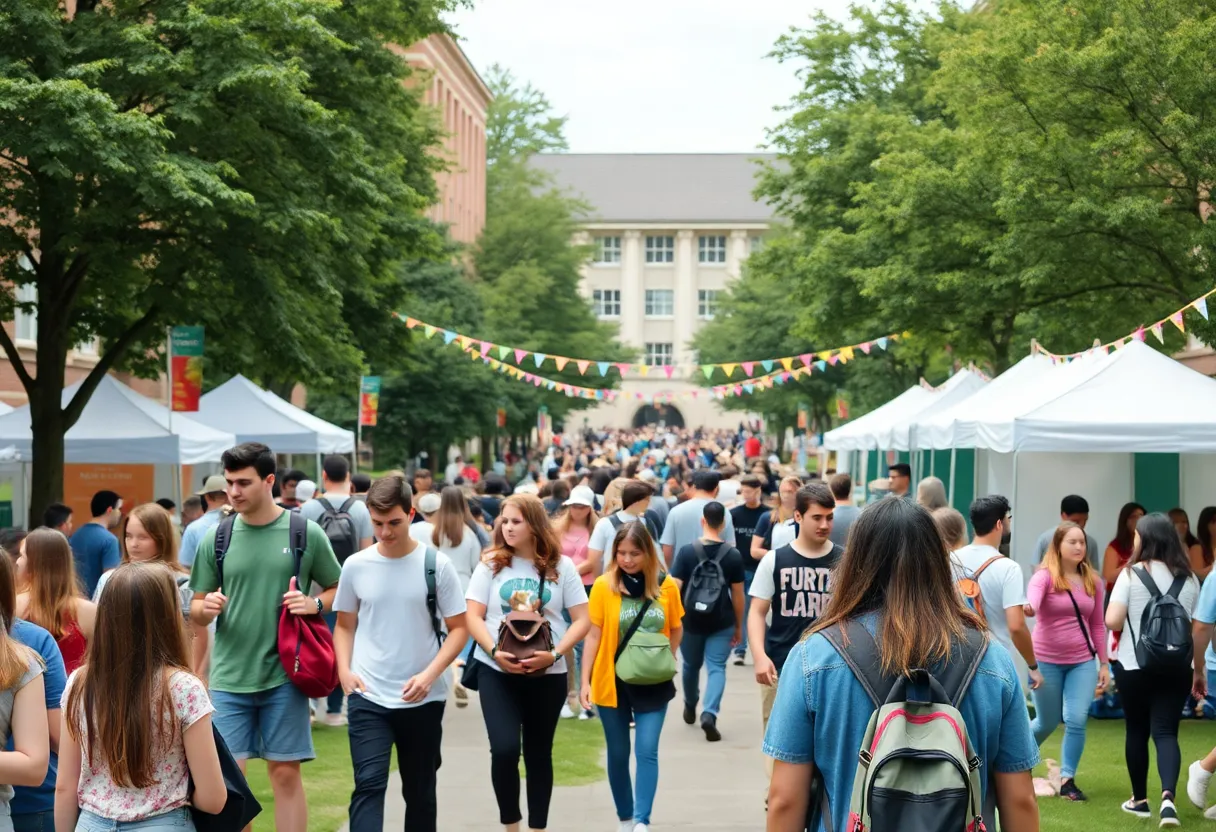 Students celebrating at a university festival with food tents and carnival games