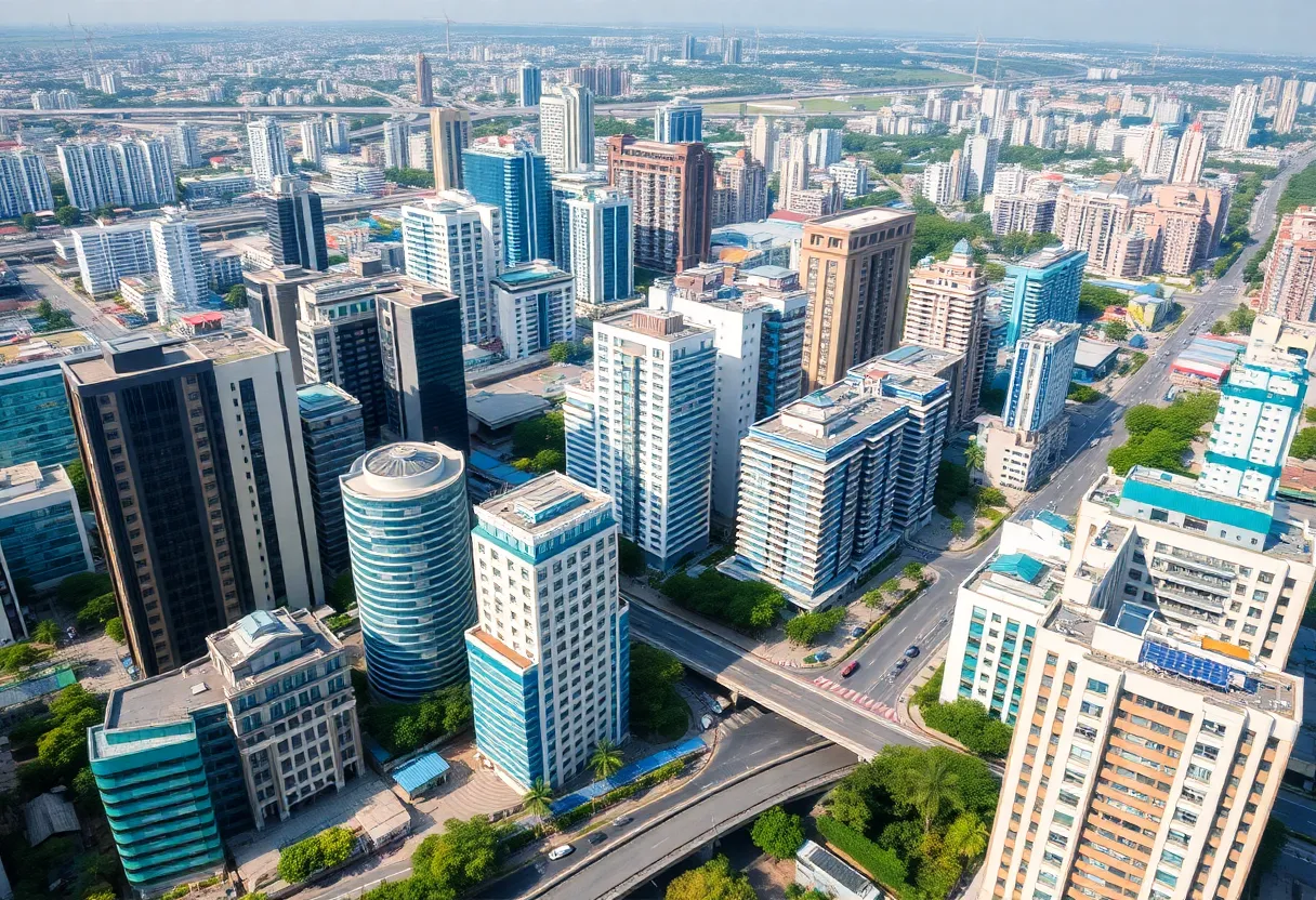 A cityscape of Vietnam representing economic expansion and renewable energy initiatives.