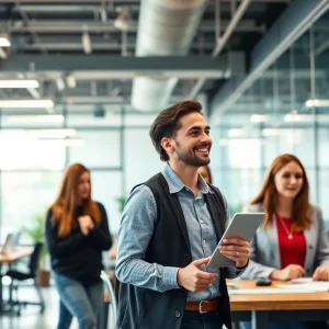 Diverse employees collaborating in a modern workplace