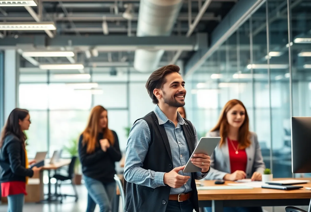 Diverse employees collaborating in a modern workplace