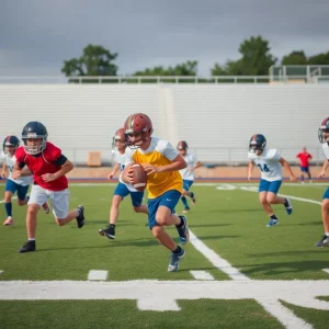 Young athletes practicing on a football field