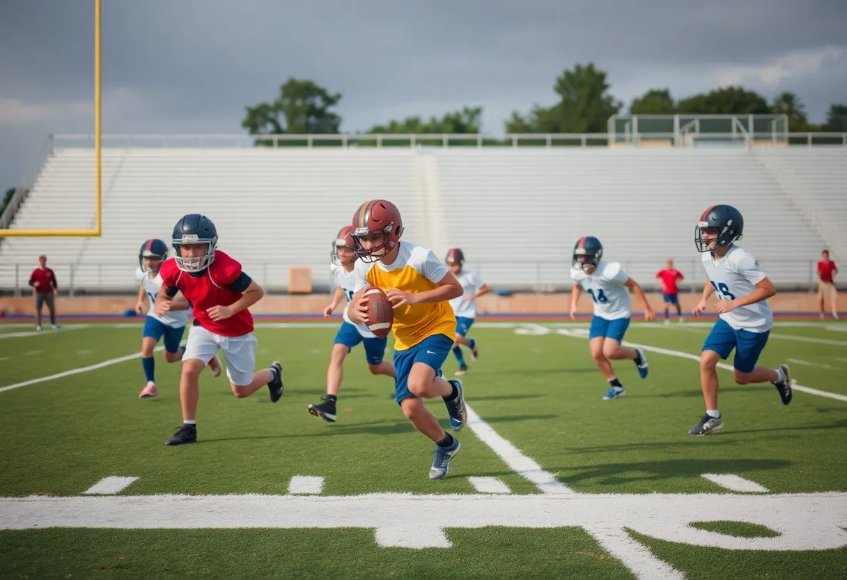 Young athletes practicing on a football field