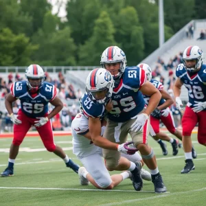 A safety player making a tackle on the football field during a game