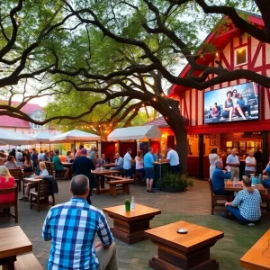 Exterior view of Ashford Beer Garden with trees and outdoor seating