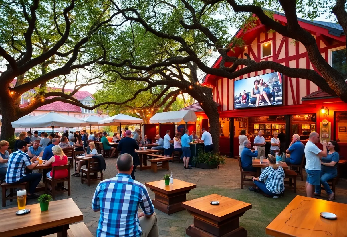 Exterior view of Ashford Beer Garden with trees and outdoor seating