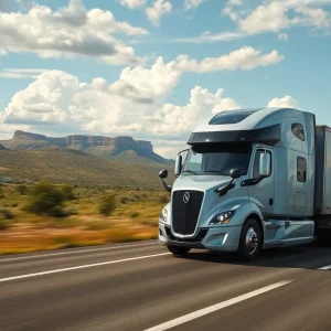 An autonomous truck driving along a highway in Texas