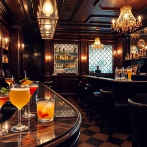 Inside view of Bandista speakeasy bar with cocktails