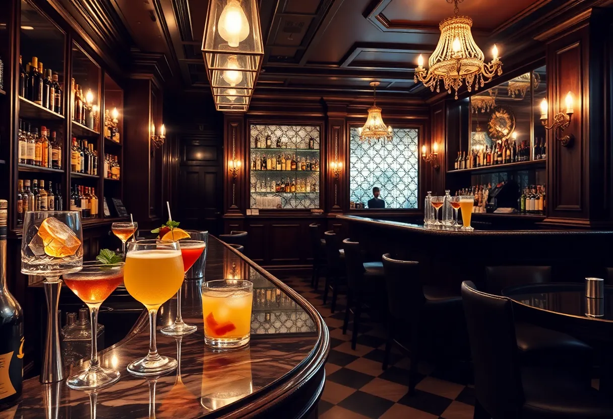 Inside view of Bandista speakeasy bar with cocktails