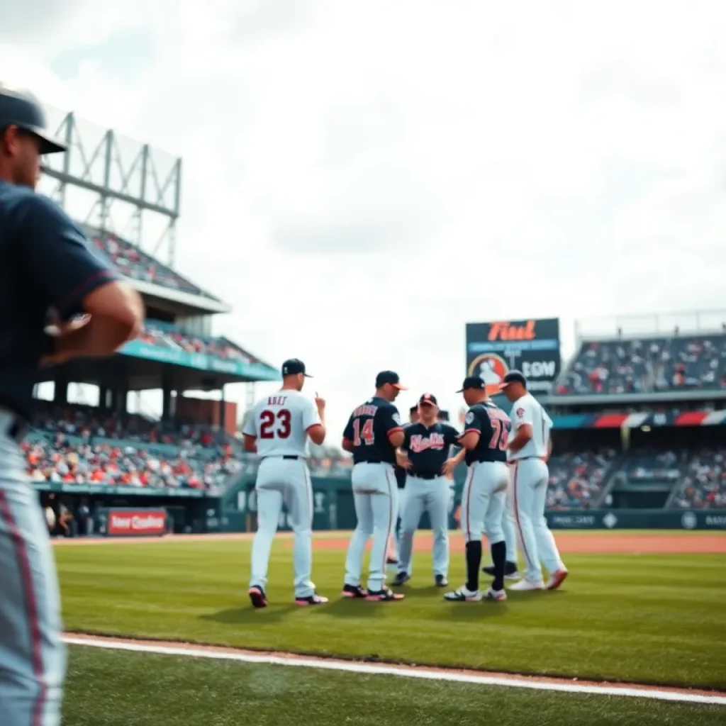 Baseball team discussing strategies on the field