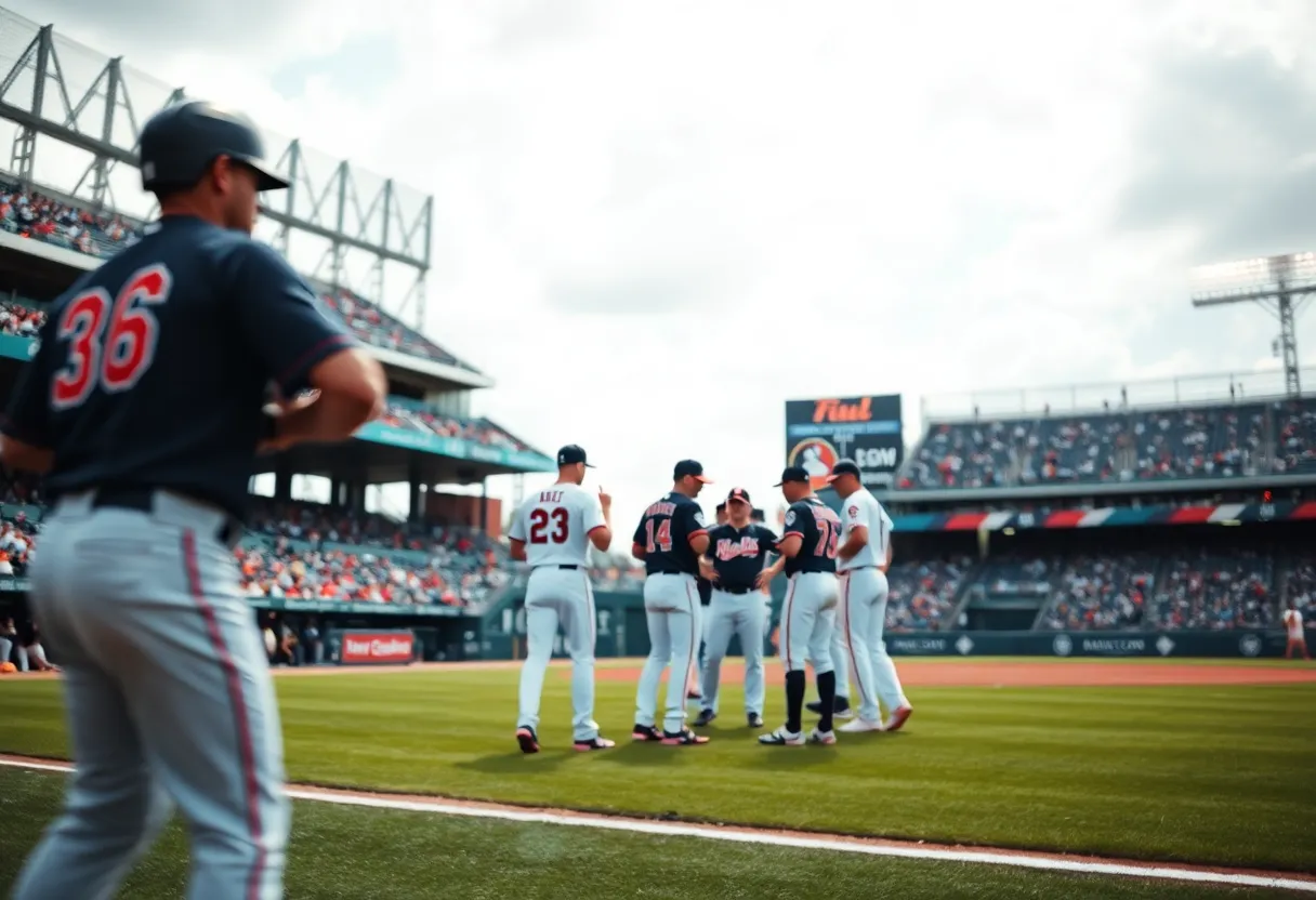 Baseball team discussing strategies on the field
