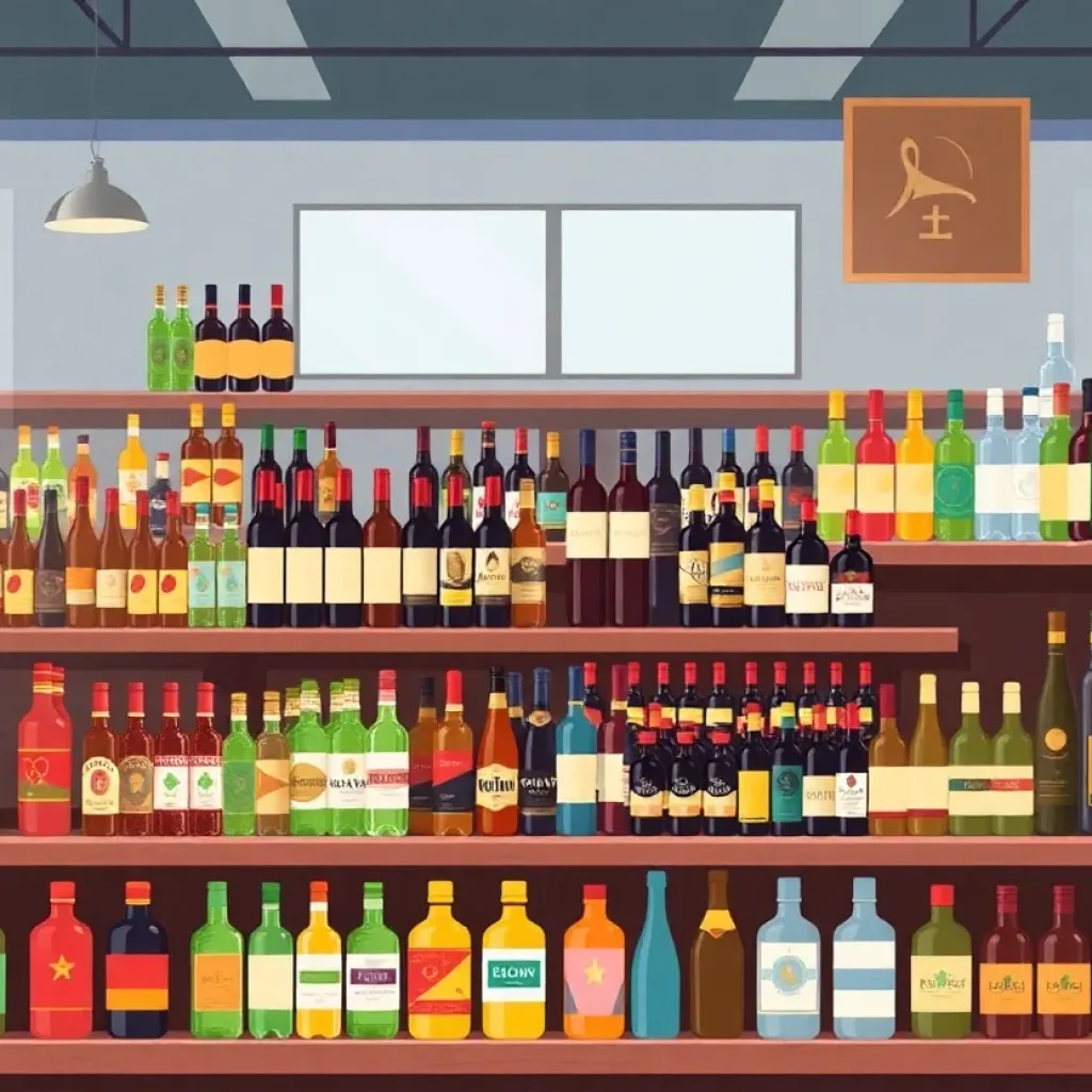 A selection of liquor bottles in a store showcasing wines and spirits in Houston.
