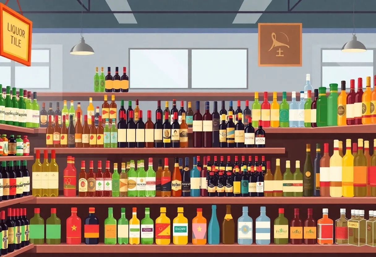 A selection of liquor bottles in a store showcasing wines and spirits in Houston.